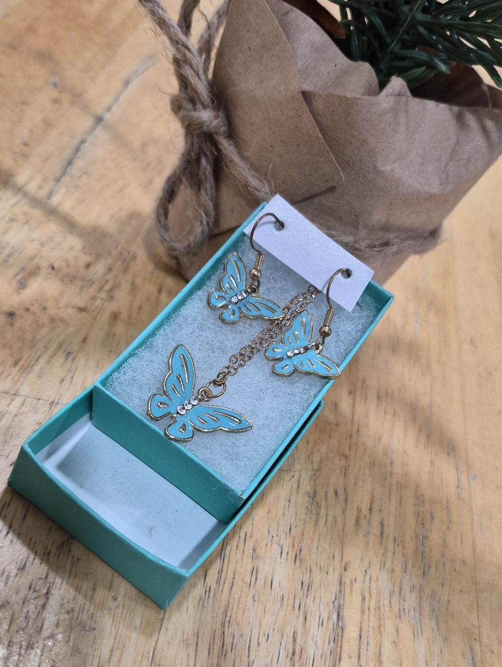 Source Unknown Gold Butterfly Earrings with Aqua Enamel
